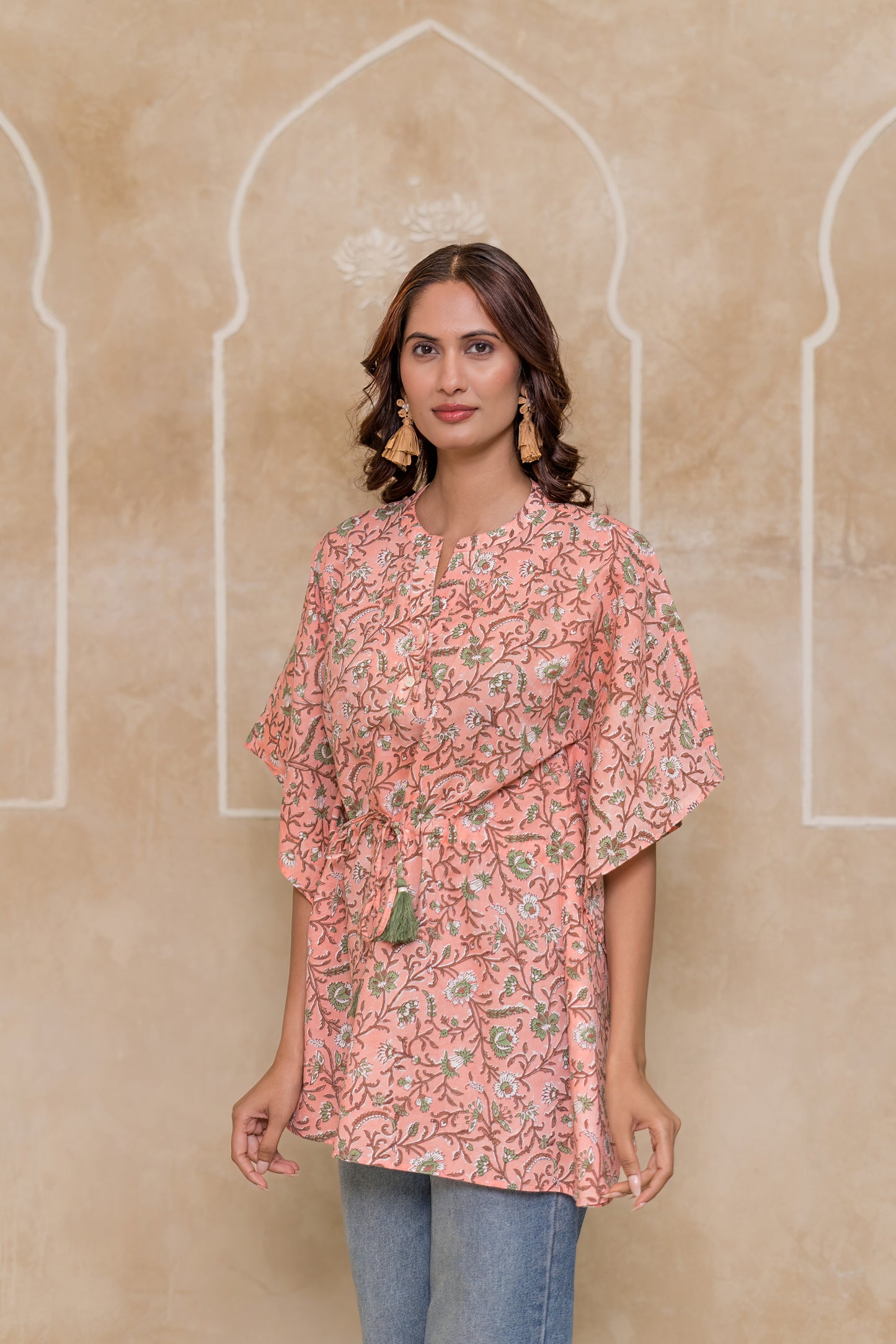 PEACH BLOCK PRINTED KAFTAN TOP-NVK541