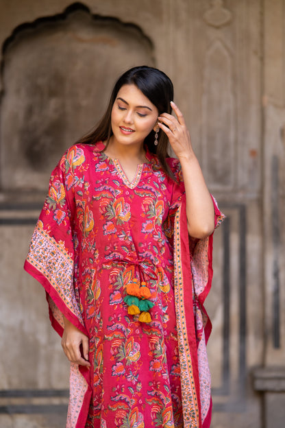 PINK FLORAL BLOCK PRINTED KAFTAN-NVK521