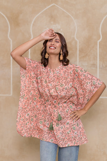 PEACH BLOCK PRINTED KAFTAN TOP-NVK541