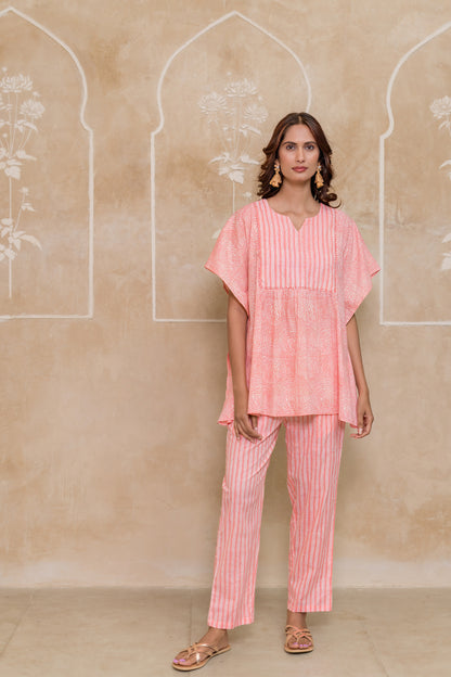 Peach Printed Cotton Co-ord Set-NVCD41