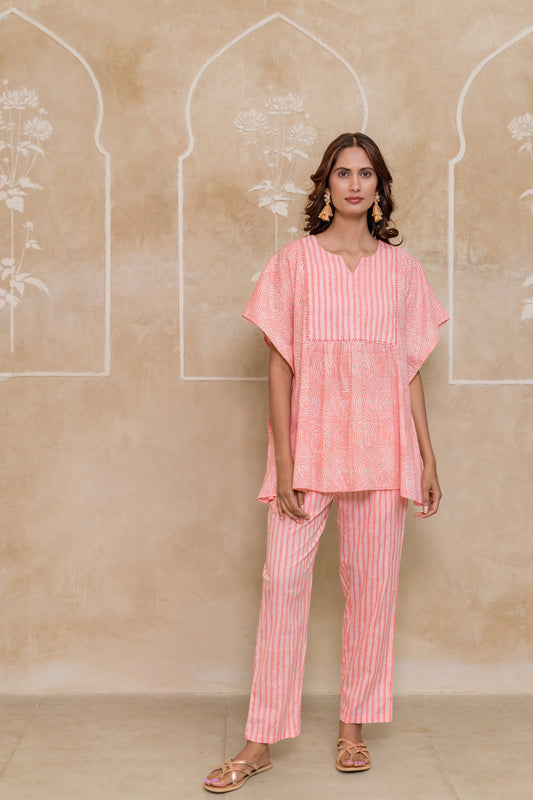 Peach Printed Cotton Co-ord Set-NVCD41