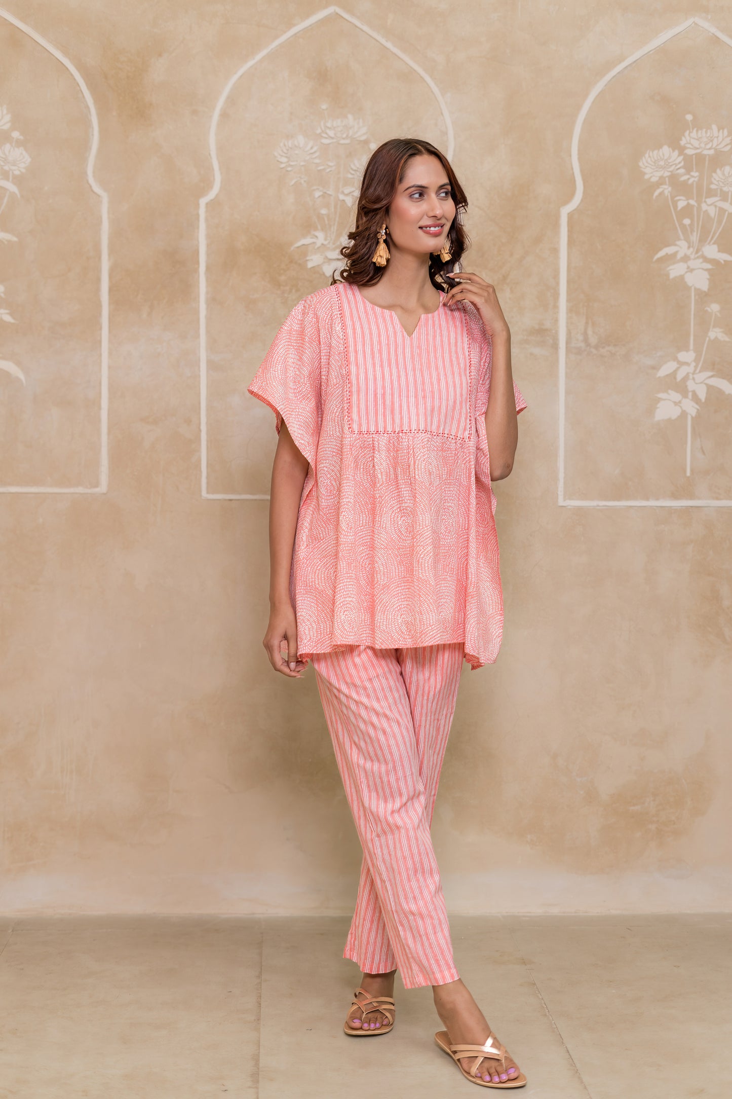 Peach Printed Cotton Co-ord Set-NVCD41