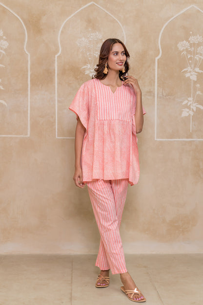 Peach Printed Cotton Co-ord Set-NVCD41