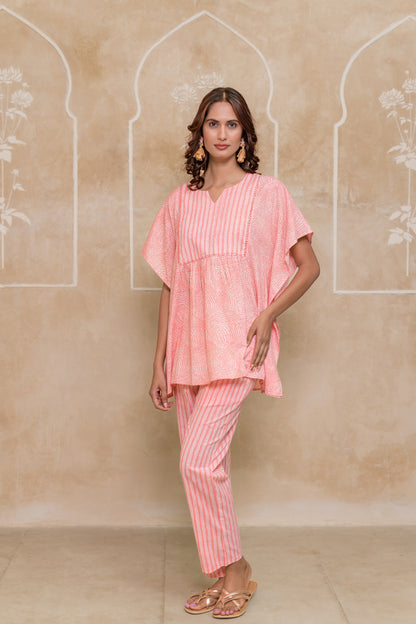 Peach Printed Cotton Co-ord Set-NVCD41