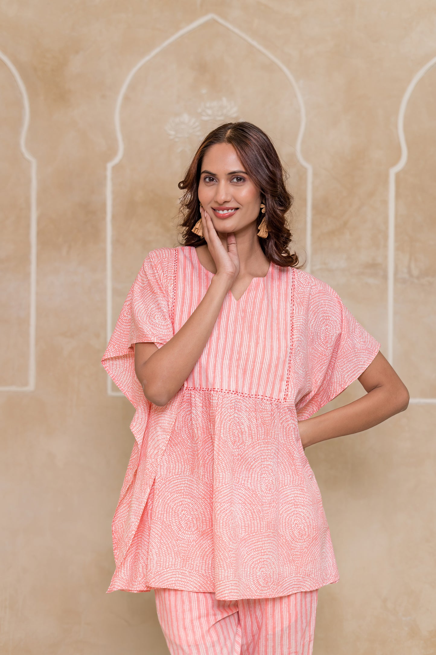 PEACH PRINTED KAFTAN TOP-NVK542