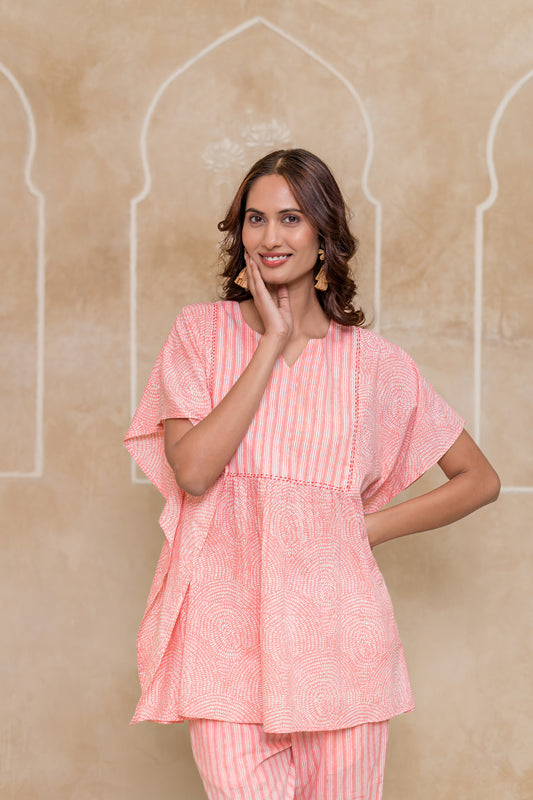 PEACH PRINTED KAFTAN TOP-NVK542