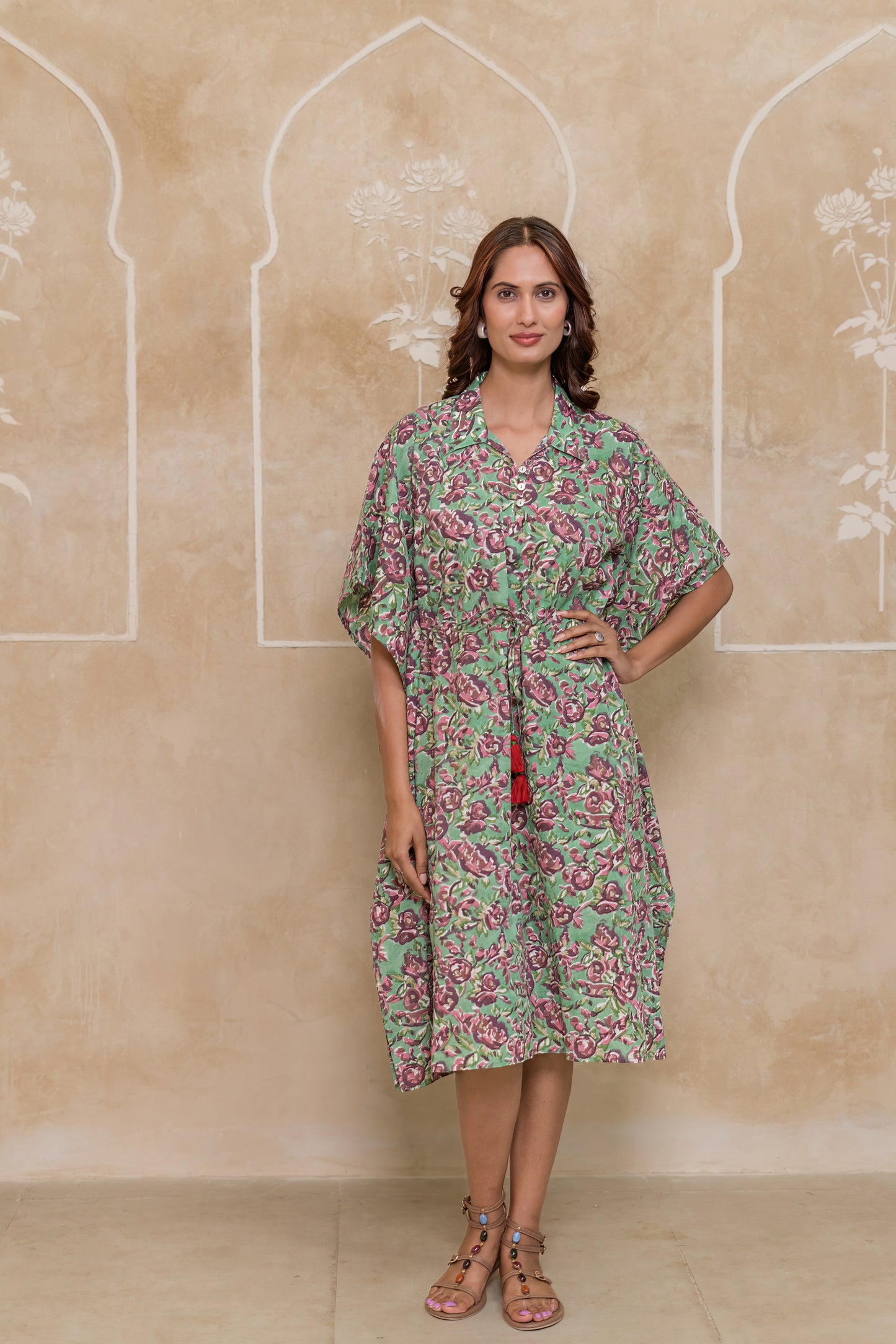 Green Hand Block Printed Cotton Kaftan -NVK543