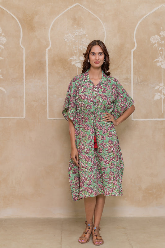 Green Hand Block Printed Cotton Kaftan -NVK543