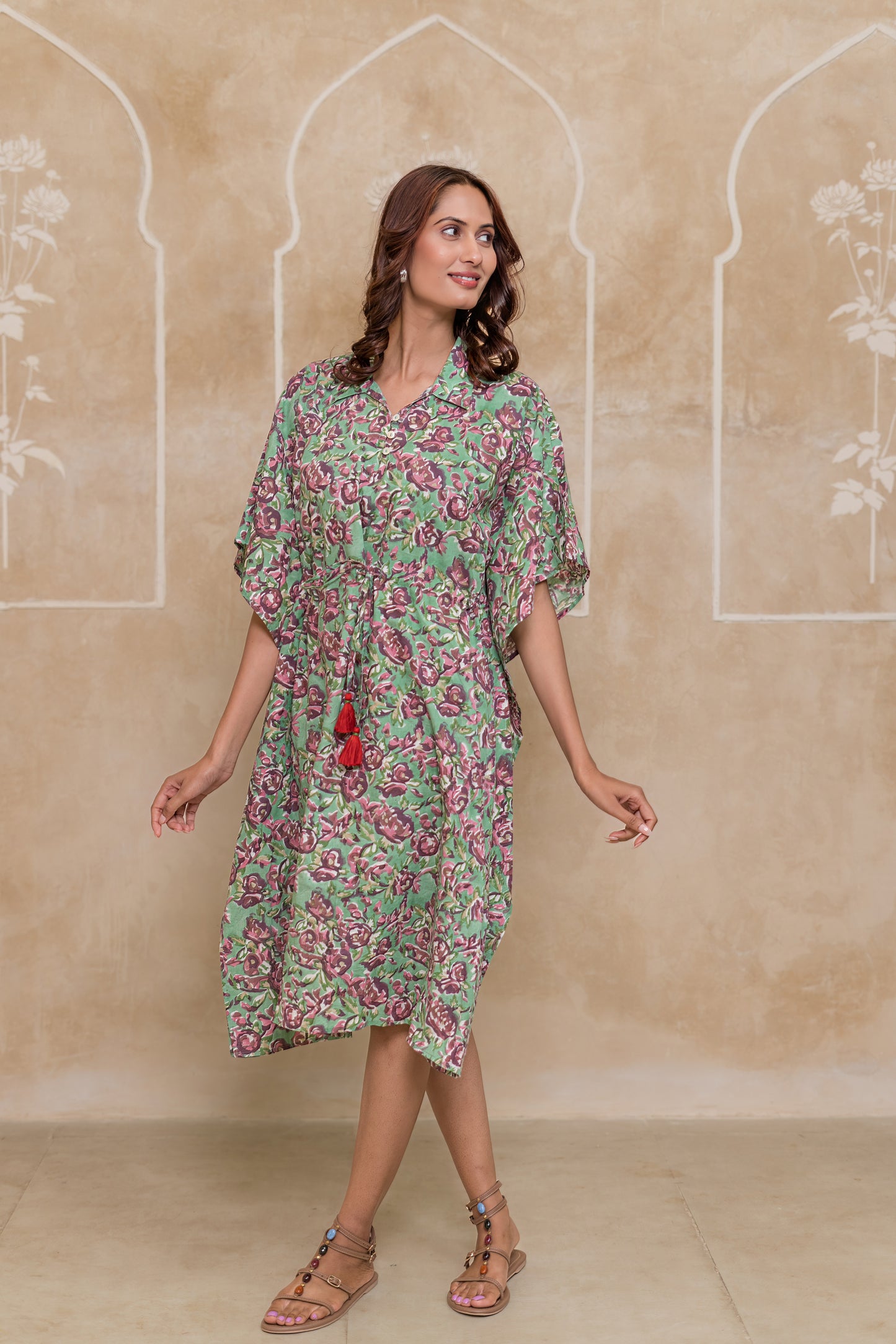 Green Hand Block Printed Cotton Kaftan -NVK543