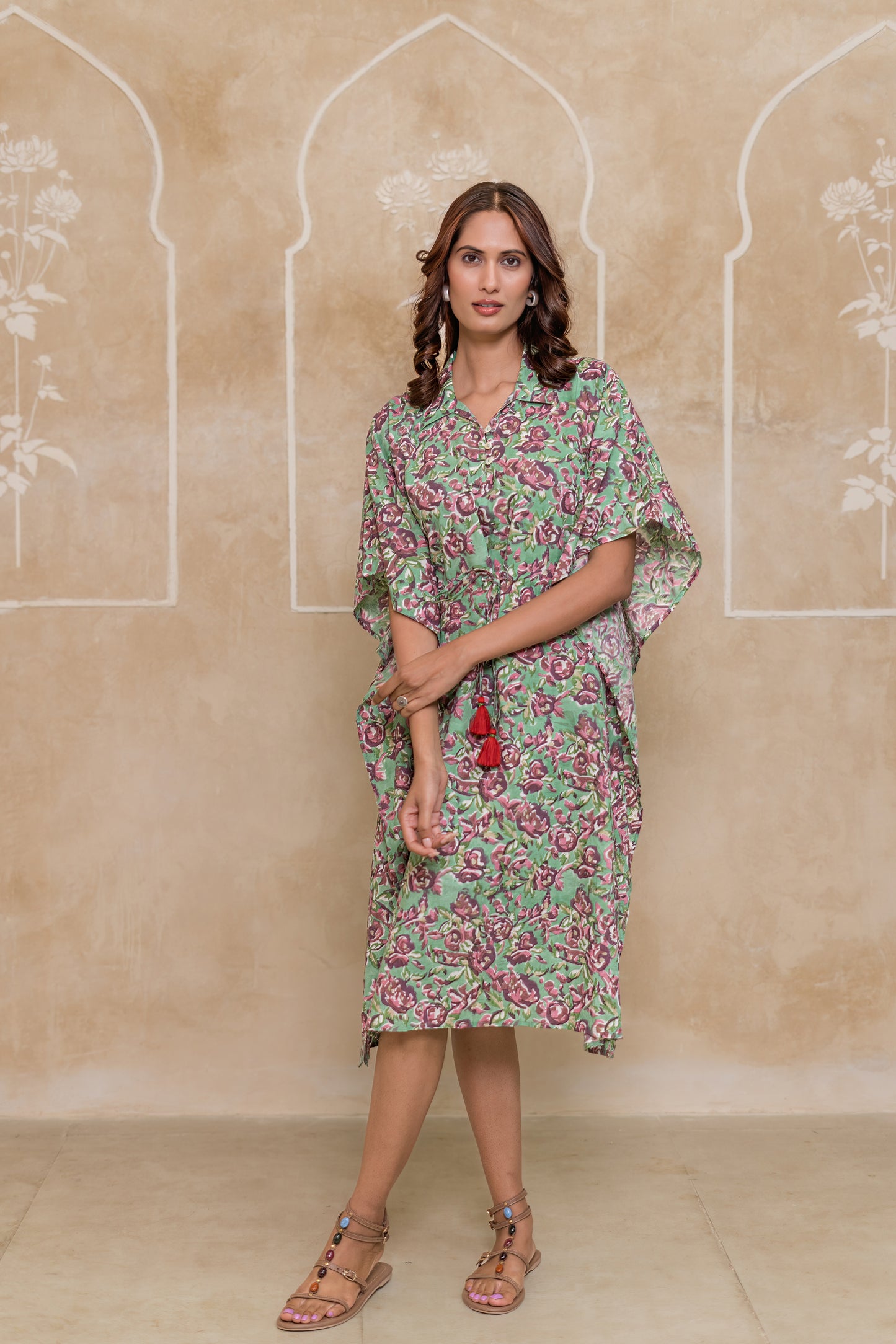 Green Hand Block Printed Cotton Kaftan -NVK543