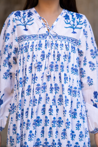 Blue White Block Printed Flair Dress-NFD74