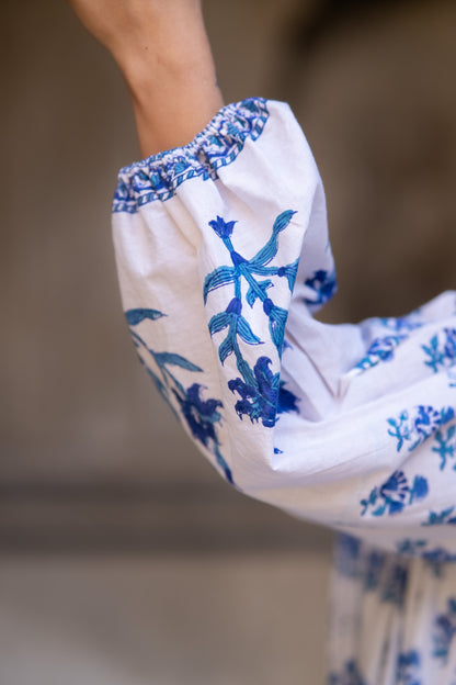Blue White Block Printed Flair Dress-NFD74