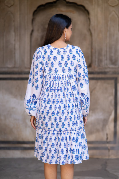 Blue White Block Printed Flair Dress-NFD74
