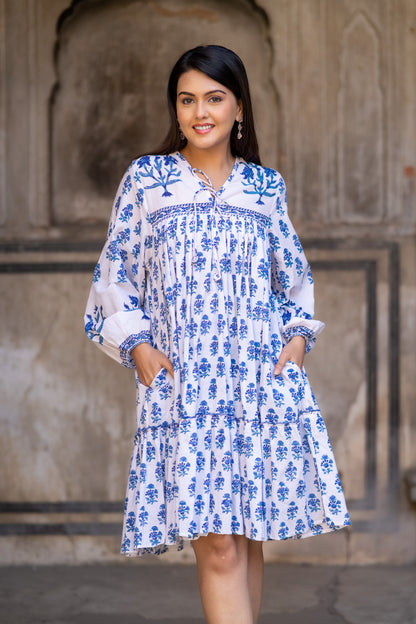 Blue White Block Printed Flair Dress-NFD74
