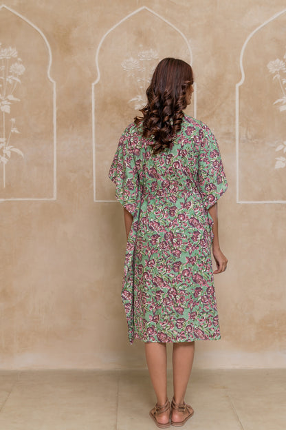 Green Hand Block Printed Cotton Kaftan -NVK543