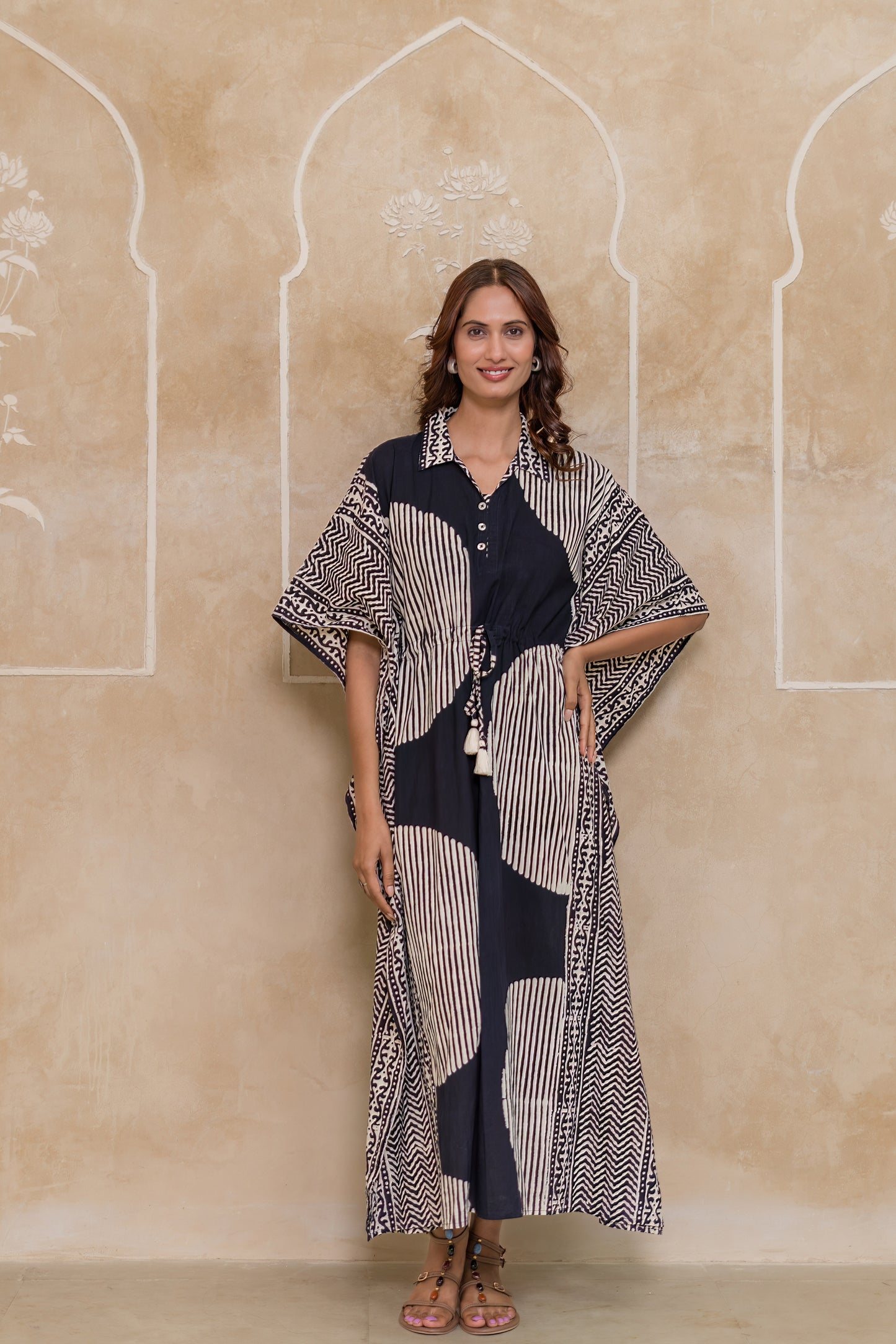 Black Geometric Block Printed Kaftan - NVK554