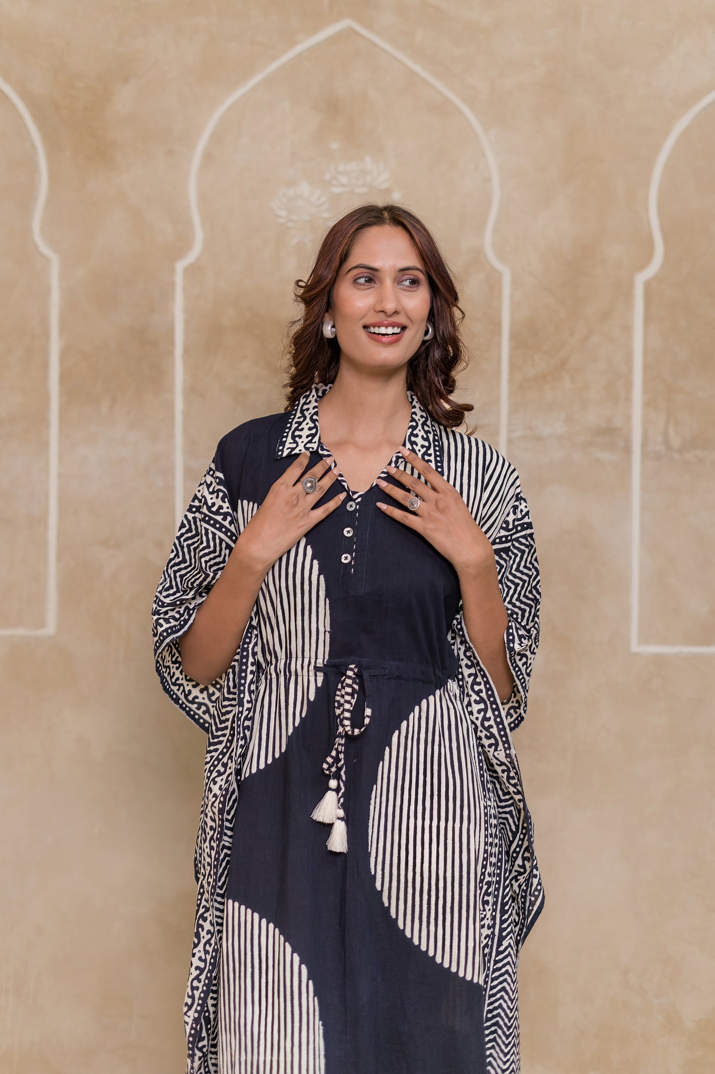 Black Geometric Block Printed Kaftan - NVK554