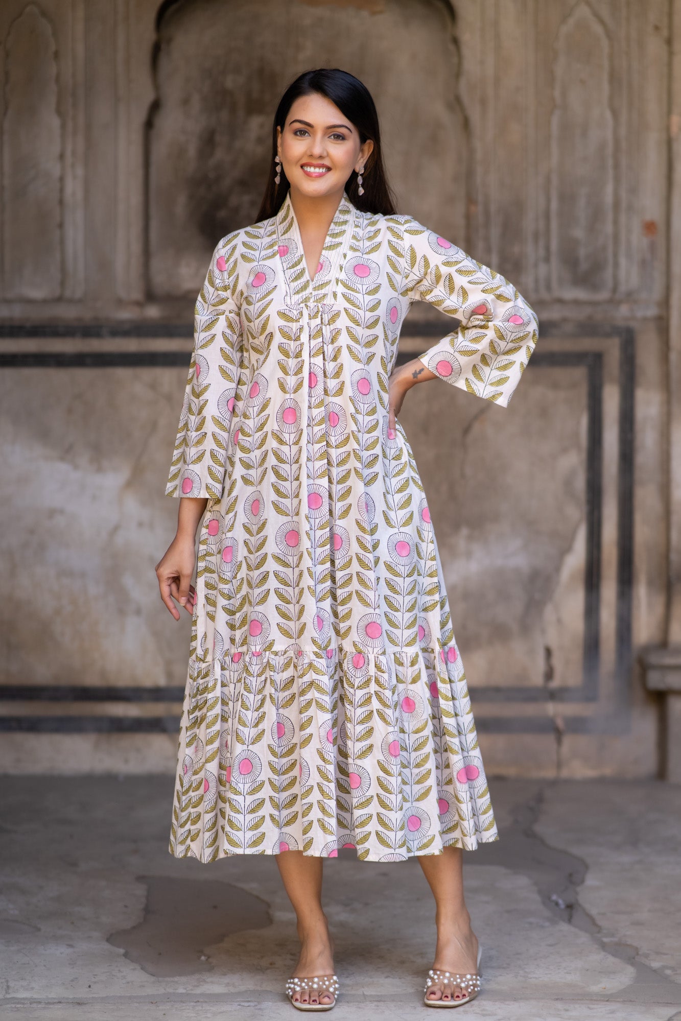 White Block Printed V neck Dress-NFD71