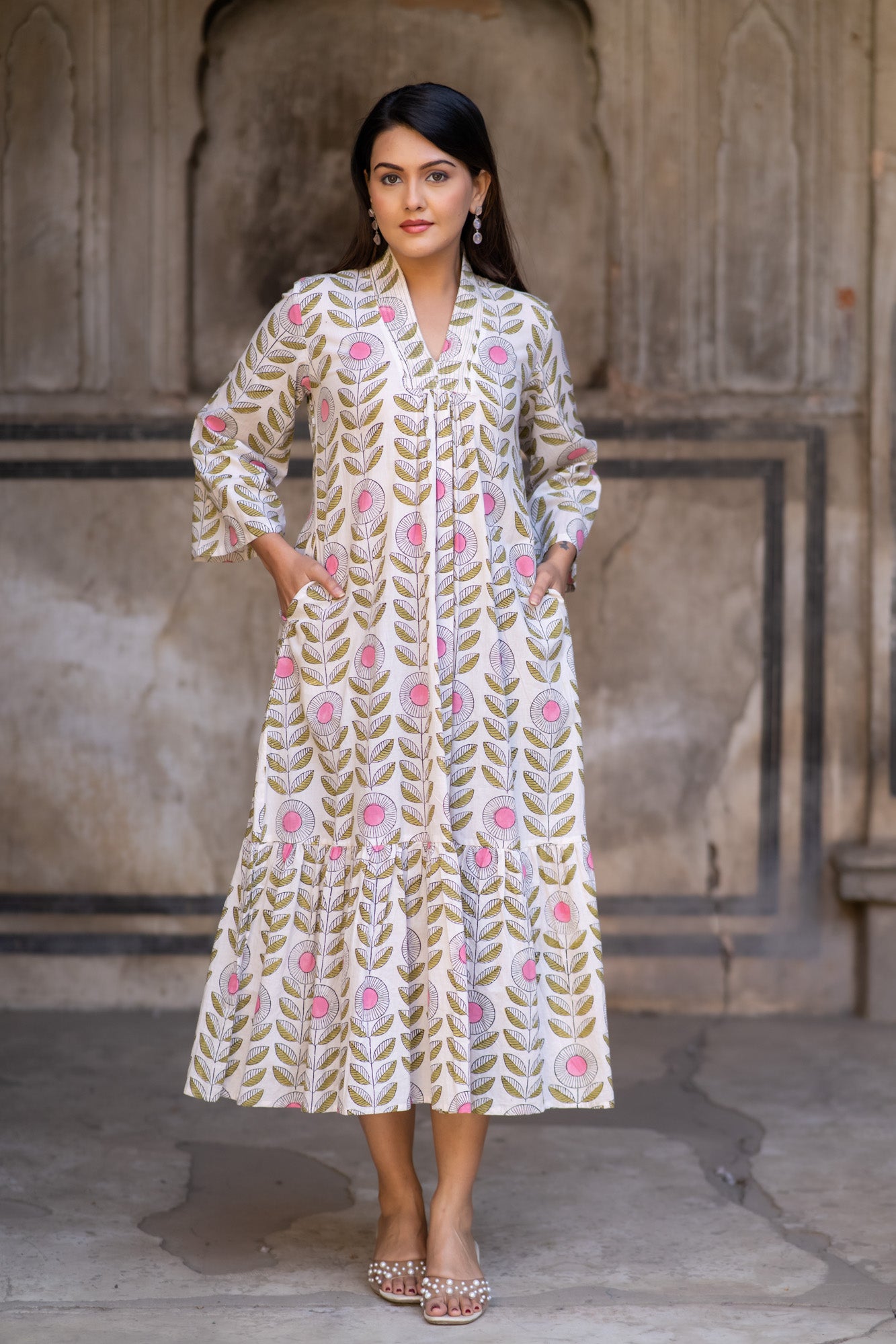 White Block Printed V neck Dress-NFD71