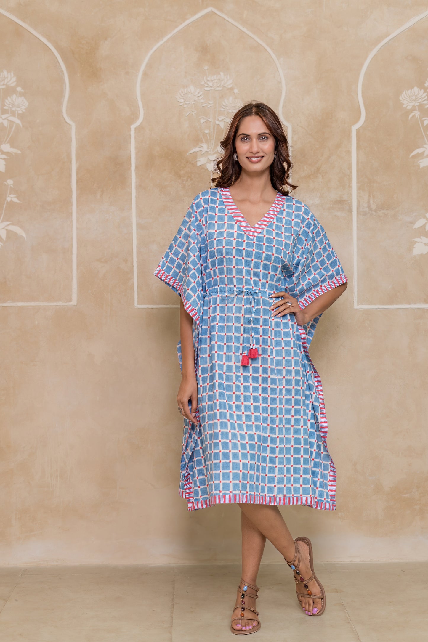 Blue Block Printed Cotton Kaftan -NVK544