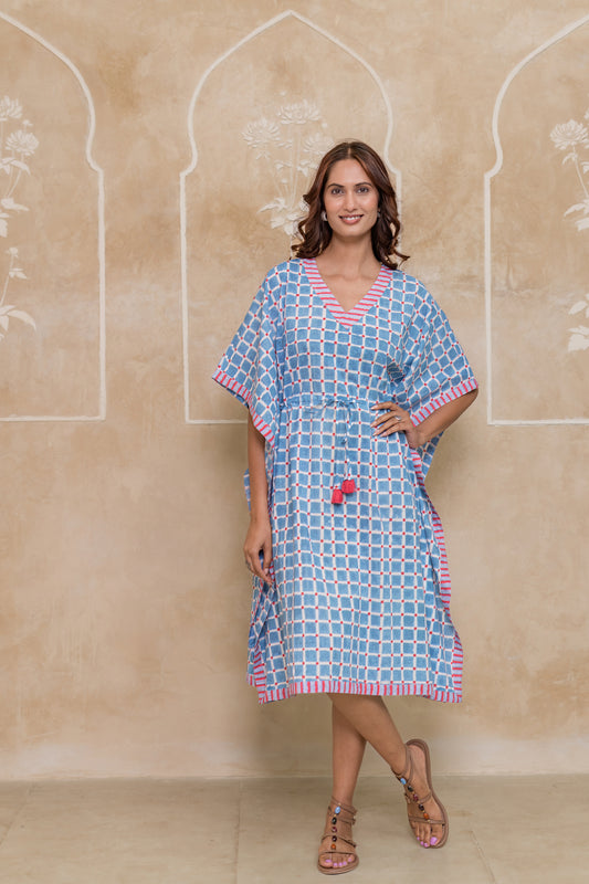 Blue Block Printed Cotton Kaftan -NVK544
