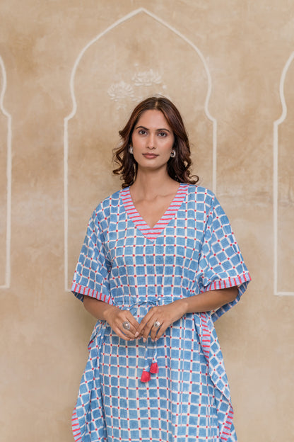 Blue Block Printed Cotton Kaftan -NVK544
