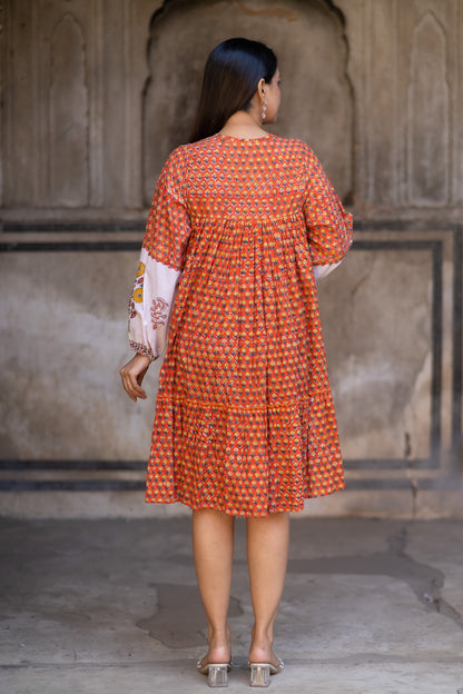 Orange Block Printed Flair Dress-NFD72