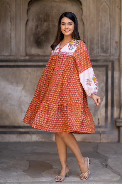 Orange Block Printed Flair Dress-NFD72