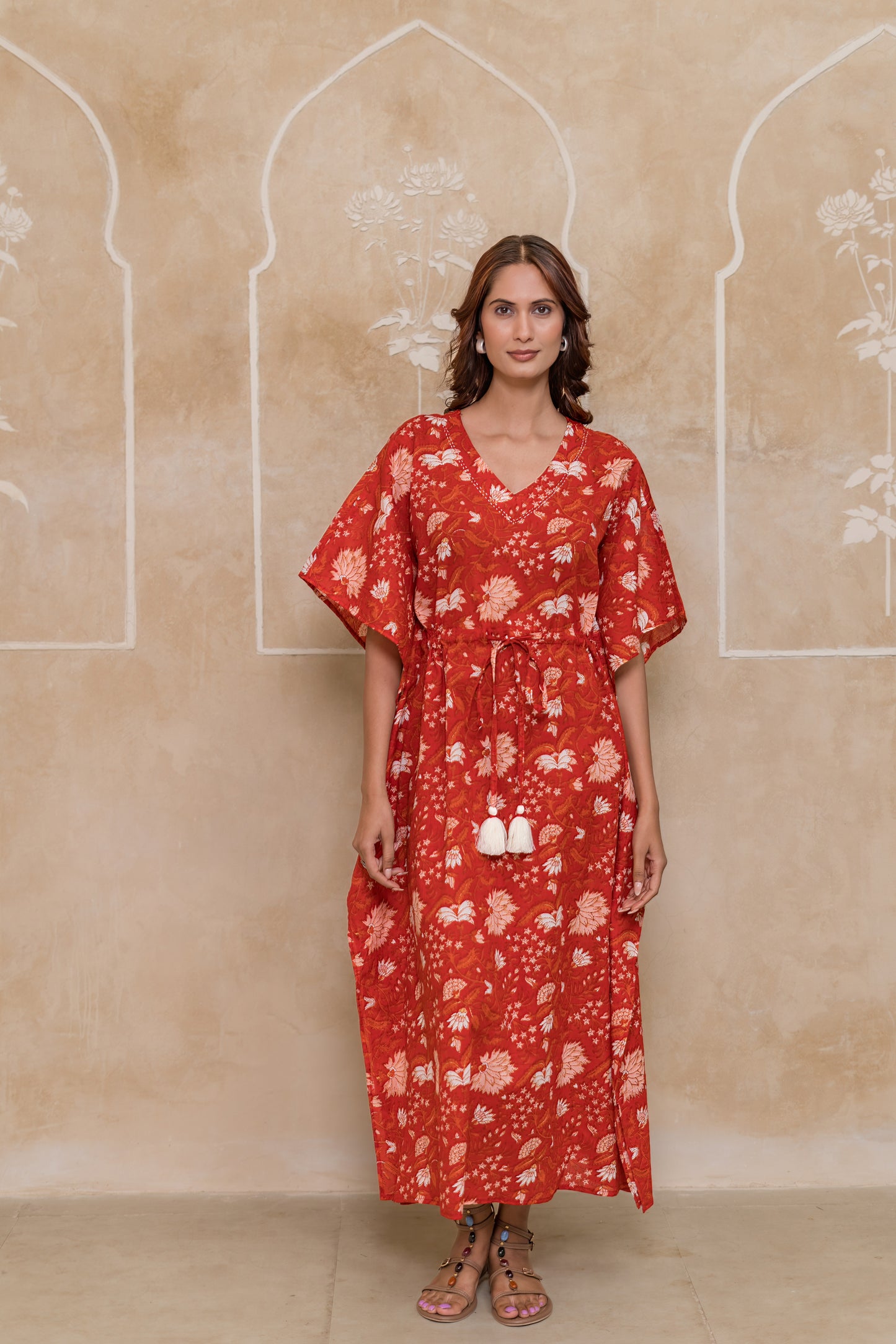 Red Floral Printed Kaftan Dress- NVK552
