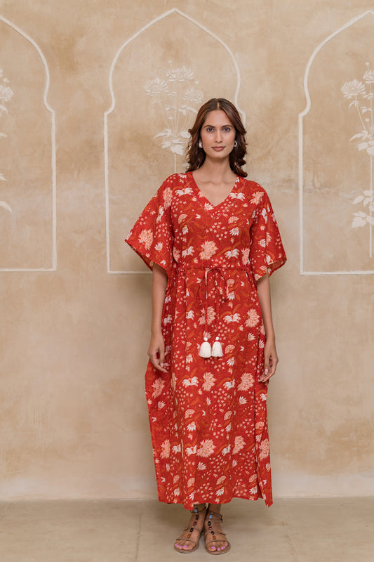 Red Floral Printed Kaftan Dress- NVK552