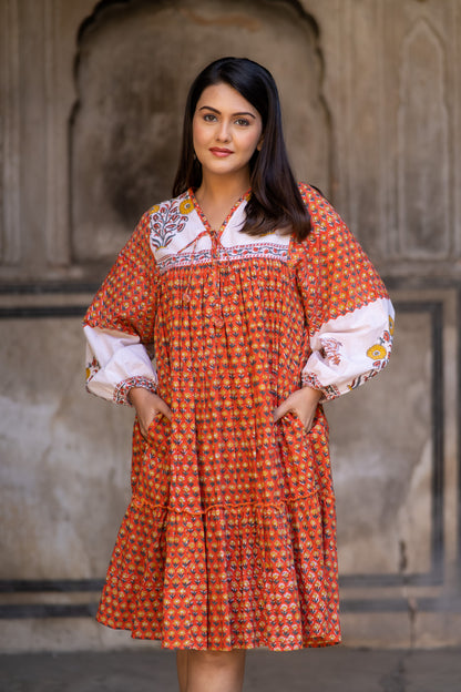 Orange Block Printed Flair Dress-NFD72