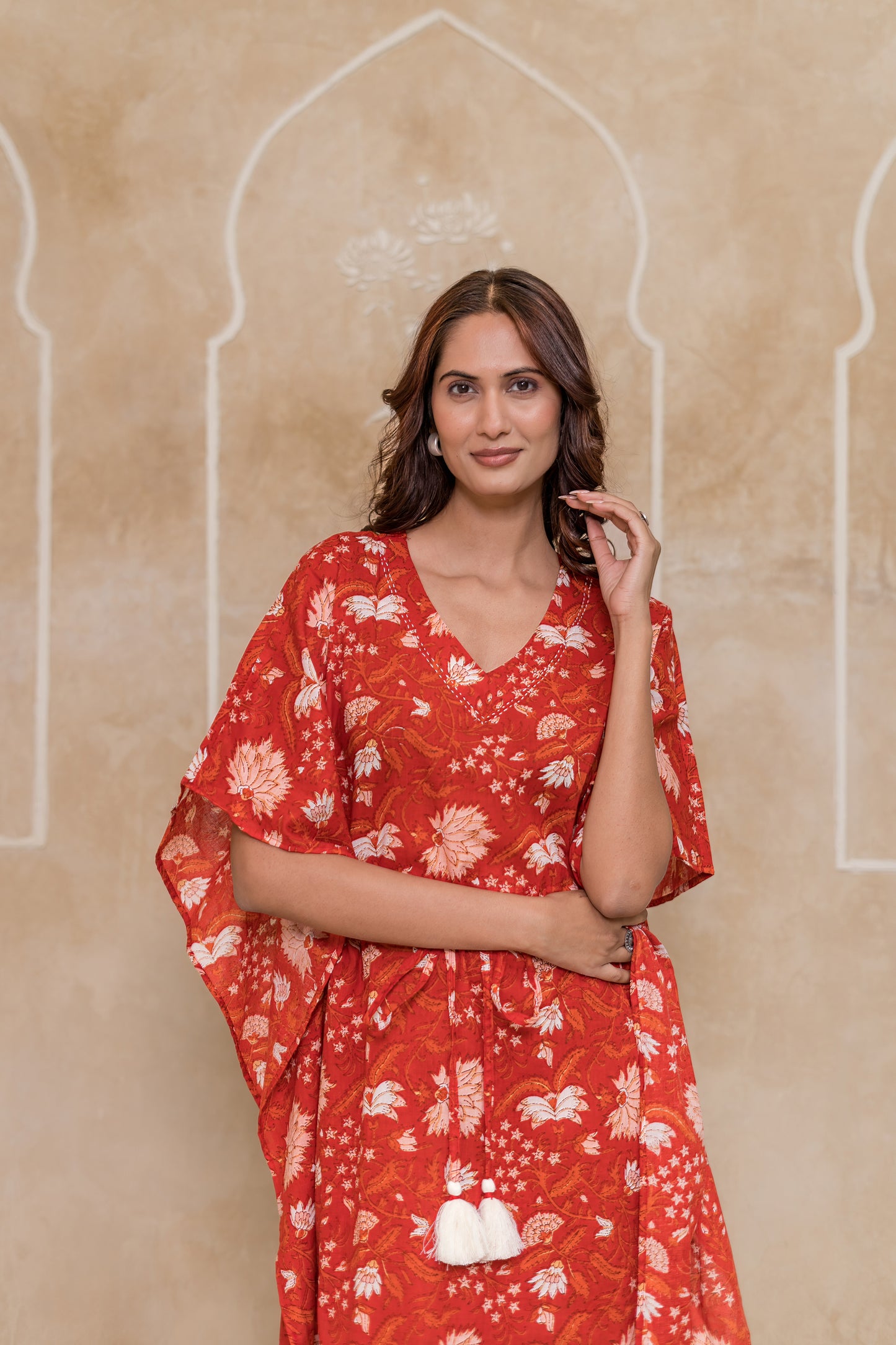 Red Floral Printed Kaftan Dress- NVK552