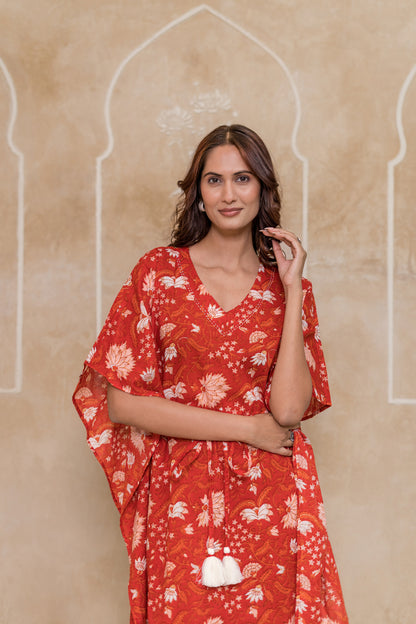 Red Floral Printed Kaftan Dress- NVK552