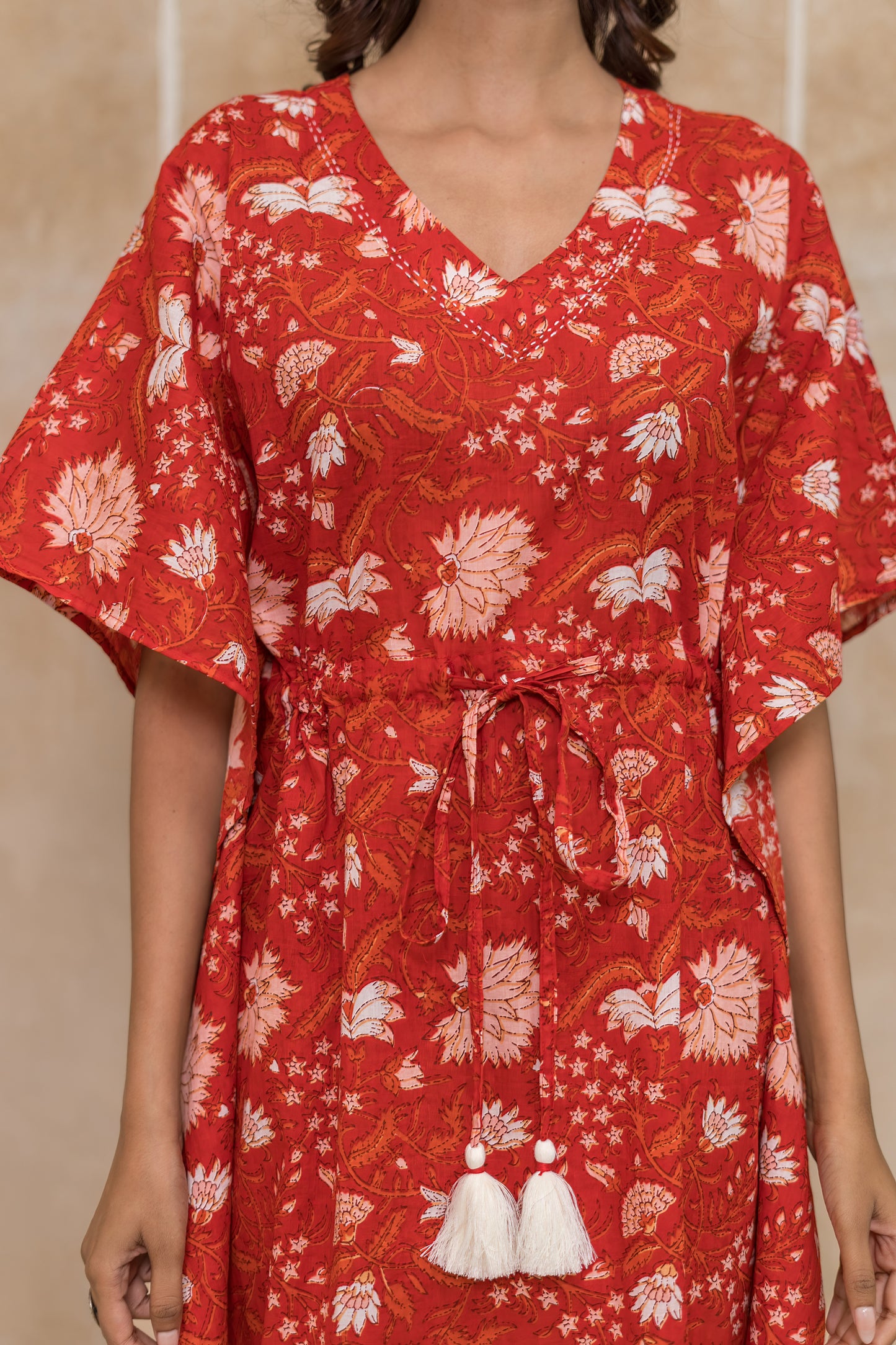 Red Floral Printed Kaftan Dress- NVK552