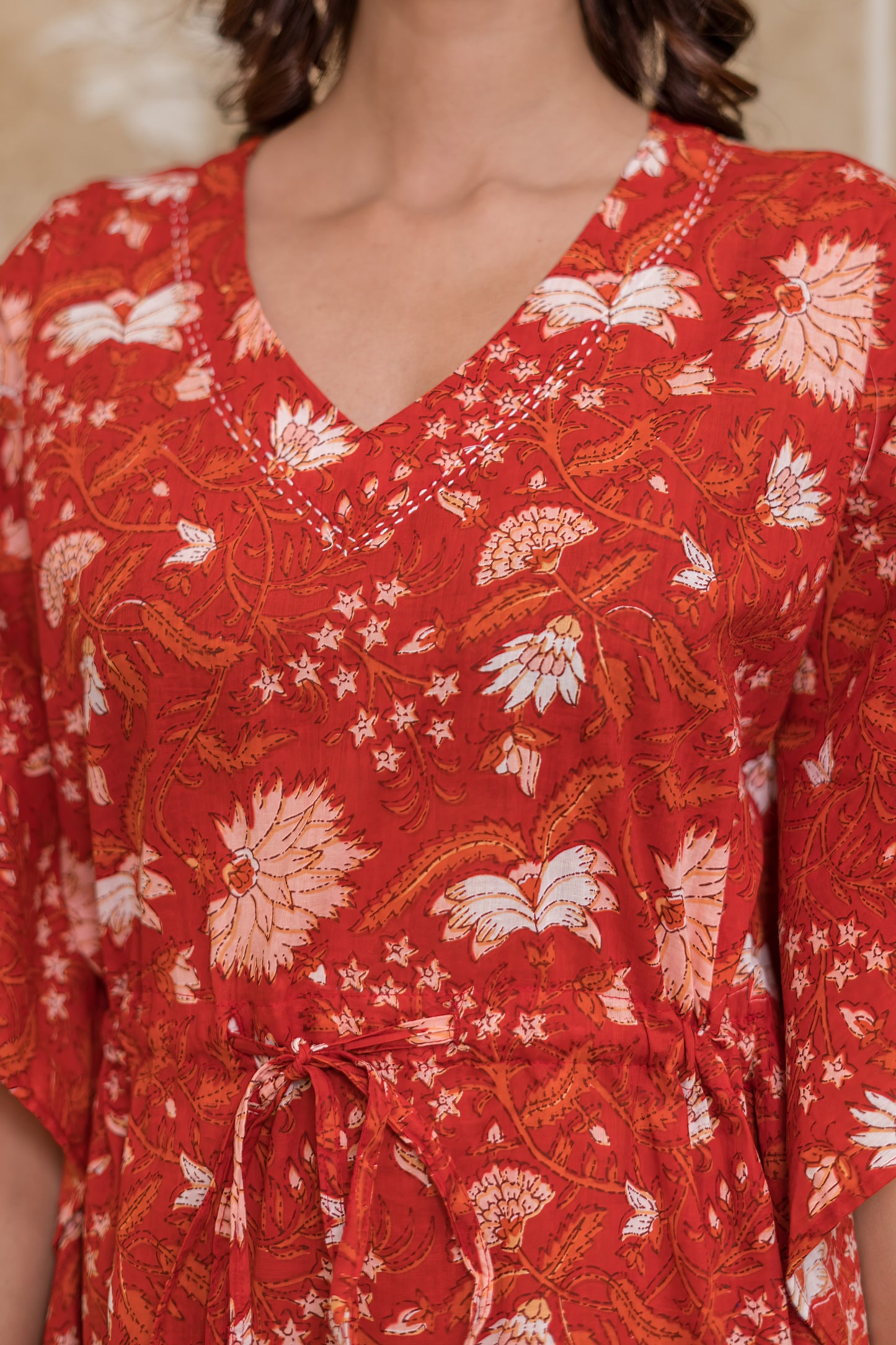 Red Floral Printed Kaftan Dress- NVK552