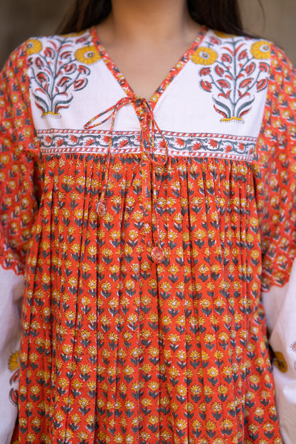 Orange Block Printed Flair Dress-NFD72