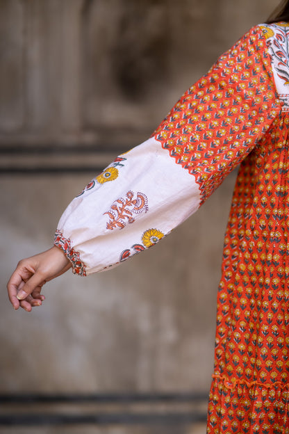 Orange Block Printed Flair Dress-NFD72