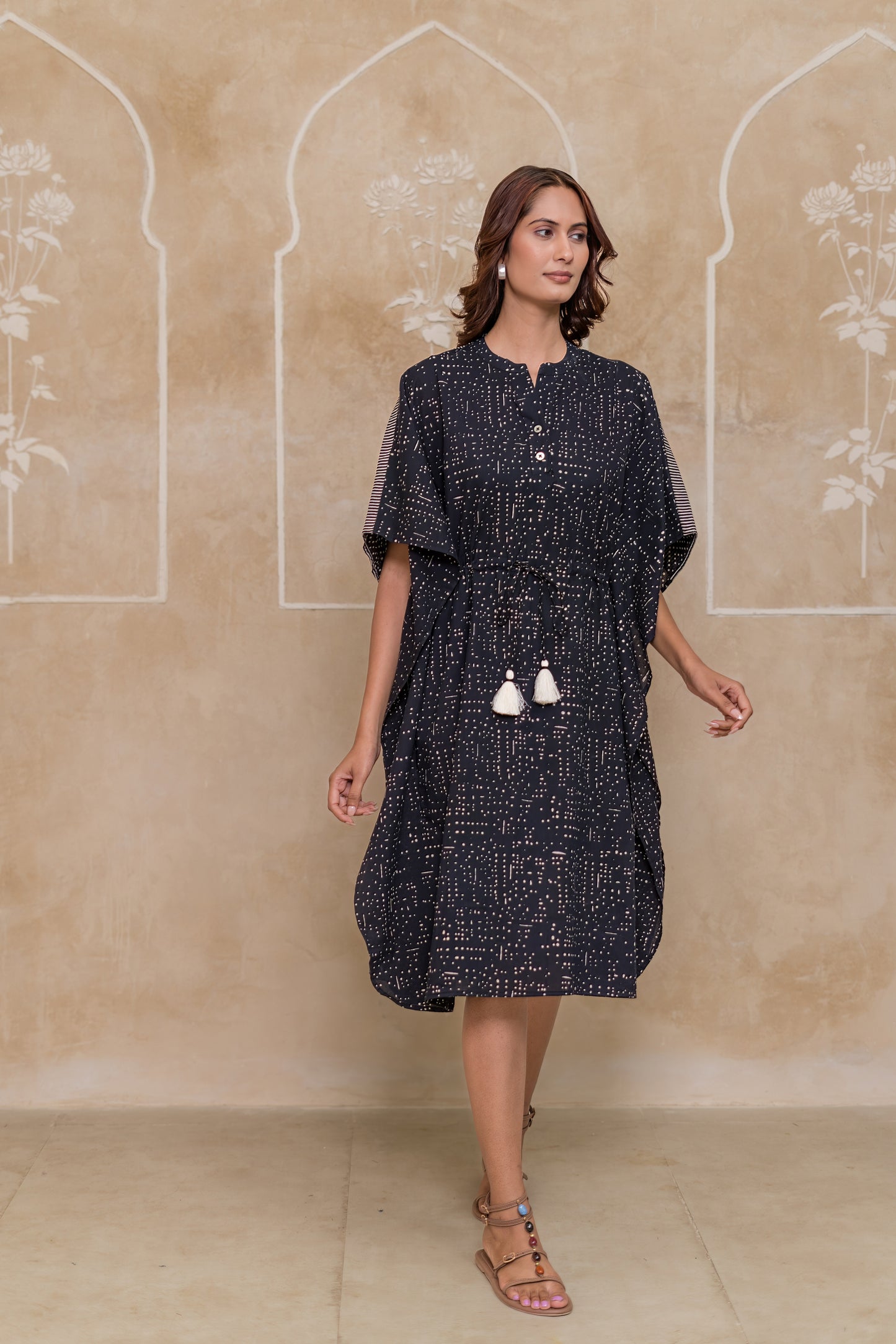 Black Block Printed Cotton Kaftan -NVK545