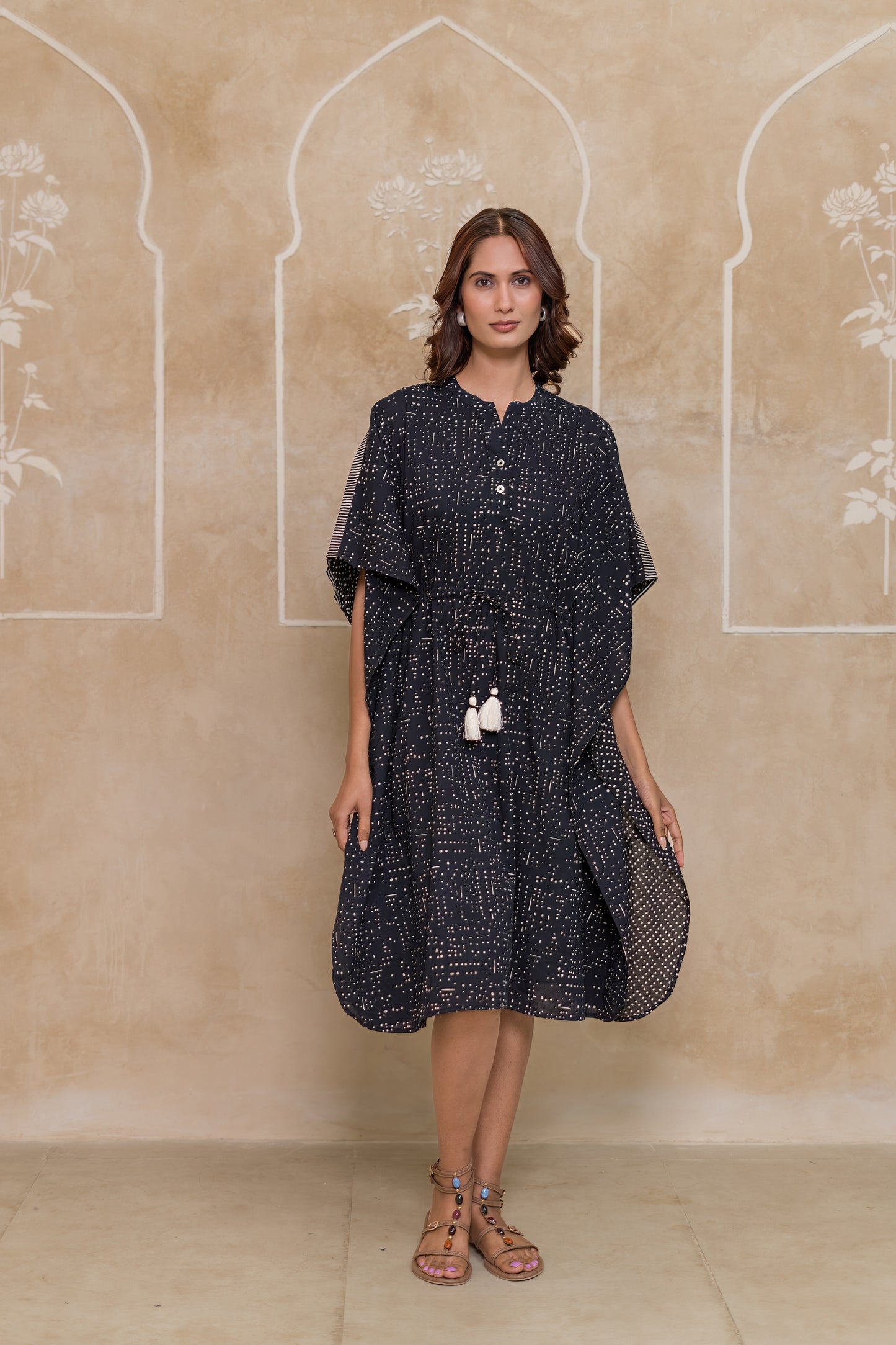 Black Block Printed Cotton Kaftan -NVK545