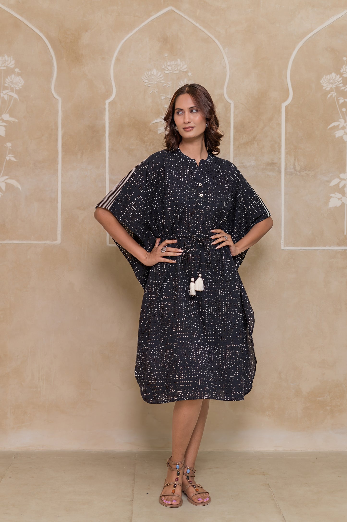 Black Block Printed Cotton Kaftan -NVK545