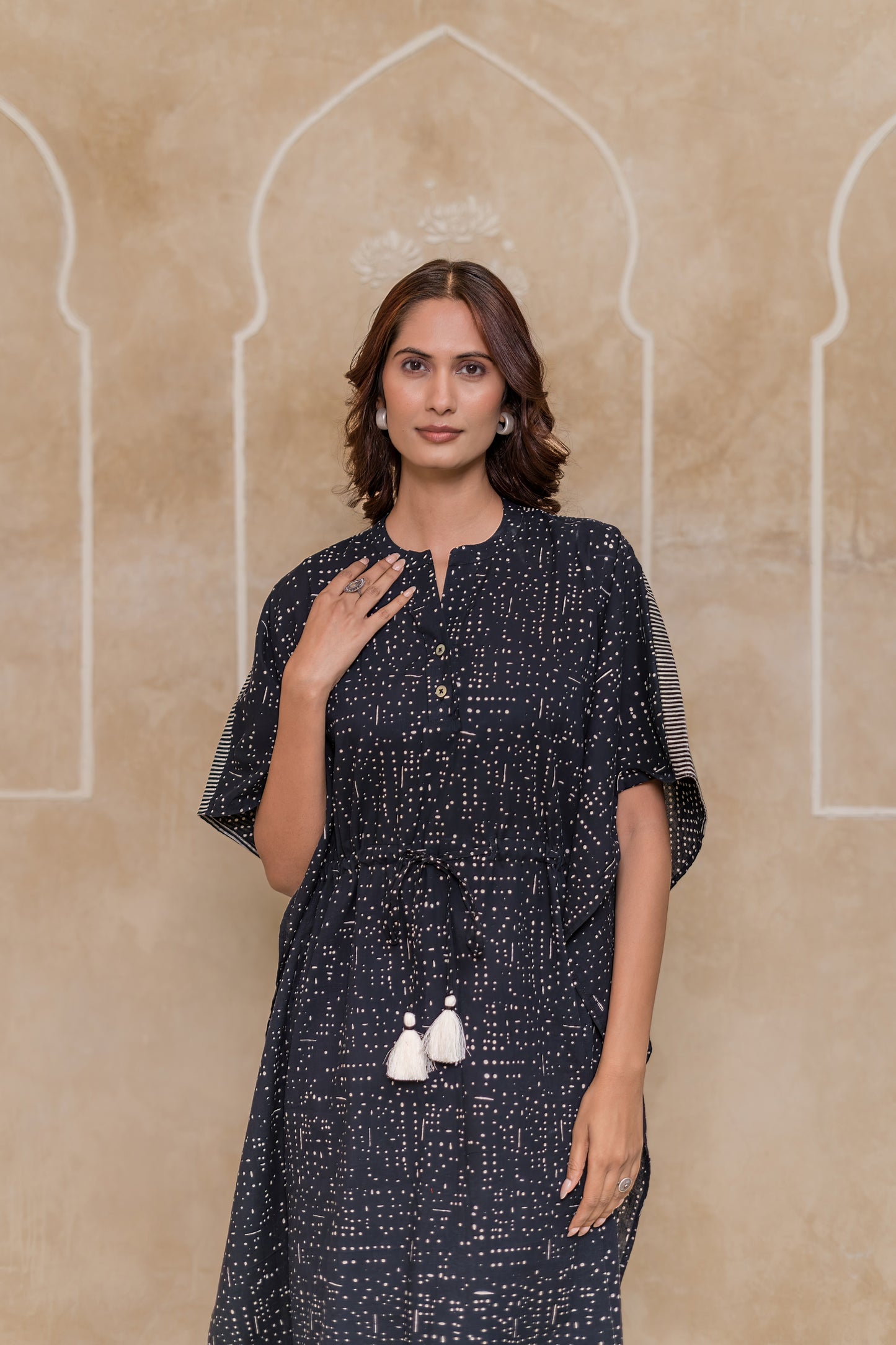 Black Block Printed Cotton Kaftan -NVK545