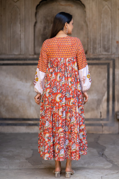 Orange Block Printed Flair Long Dress-NFD75