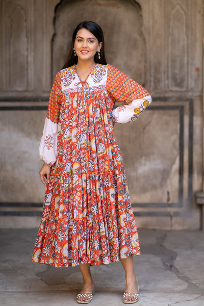 Orange Block Printed Flair Long Dress-NFD75