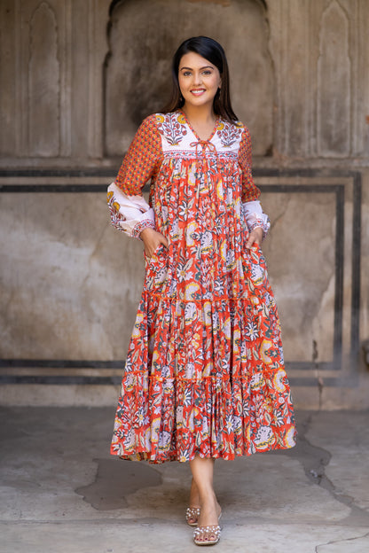 Orange Block Printed Flair Long Dress-NFD75
