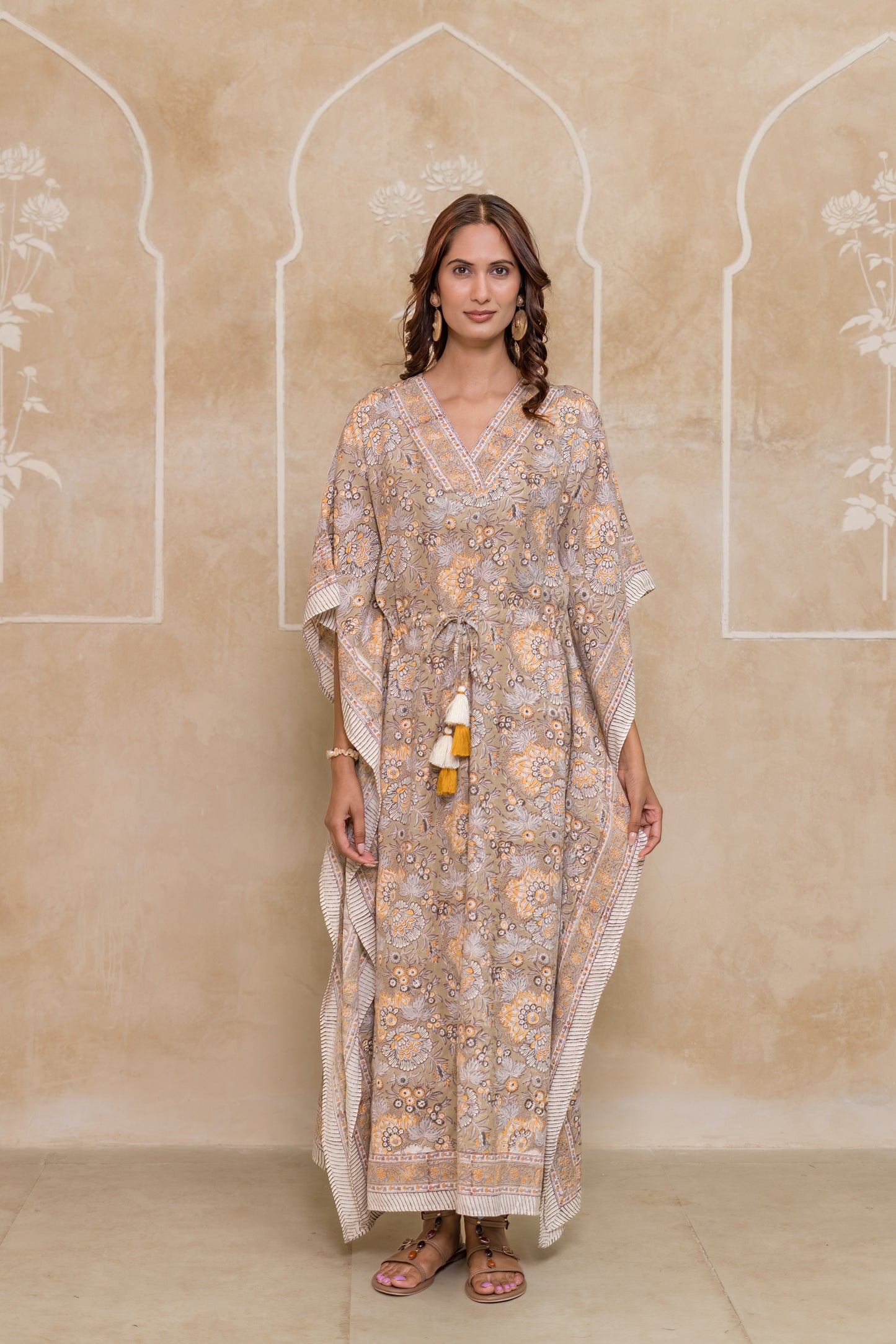 Light Brown Block Printed Kaftan Dress- NVK550