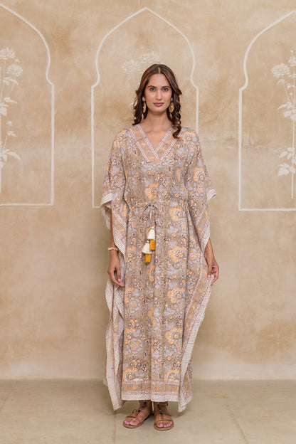 Light Brown Block Printed Kaftan Dress- NVK550