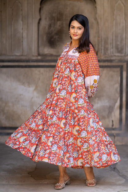 Orange Block Printed Flair Long Dress-NFD75