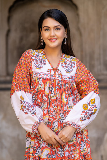 Orange Block Printed Flair Long Dress-NFD75