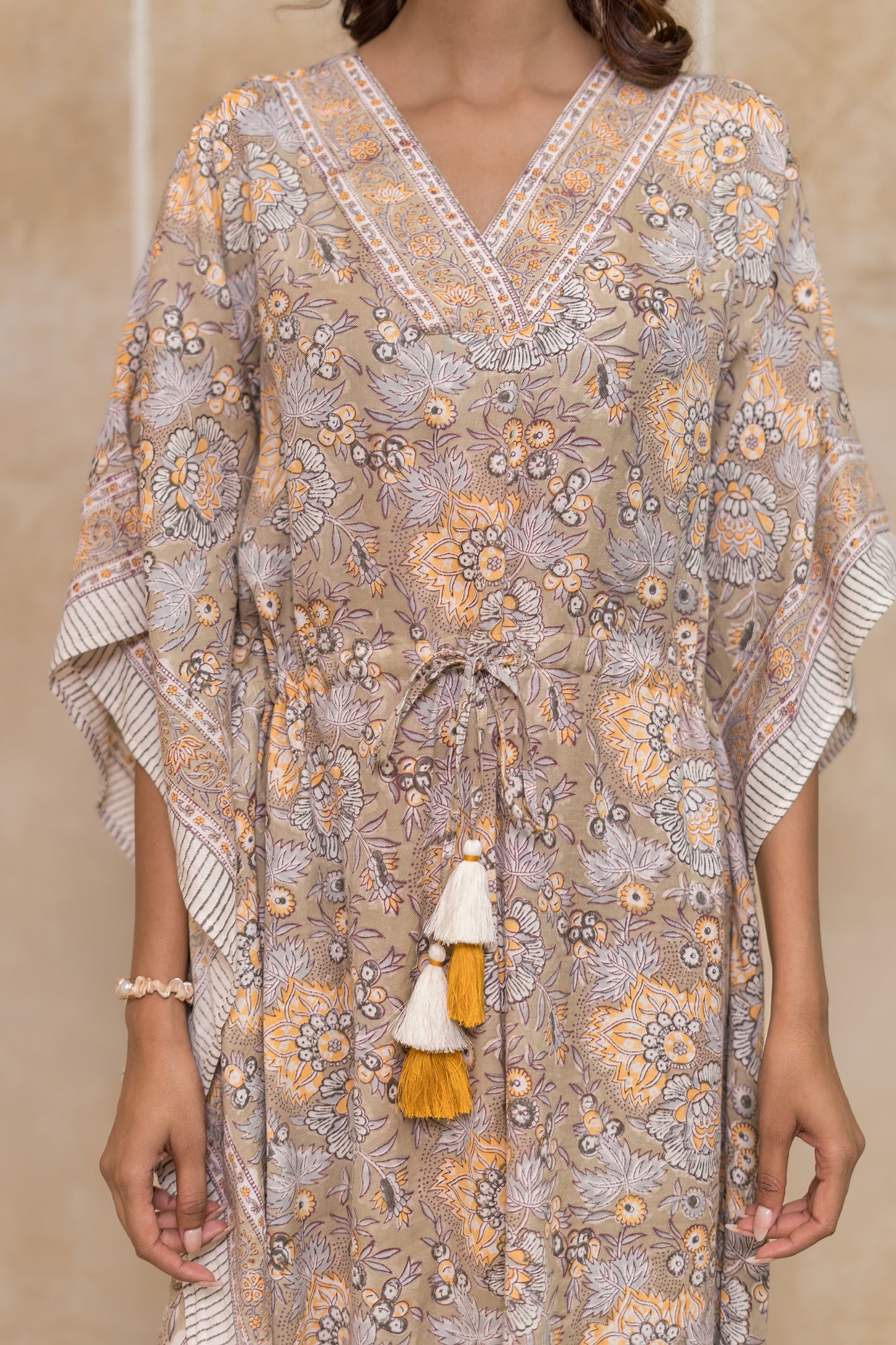 Light Brown Block Printed Kaftan Dress- NVK550