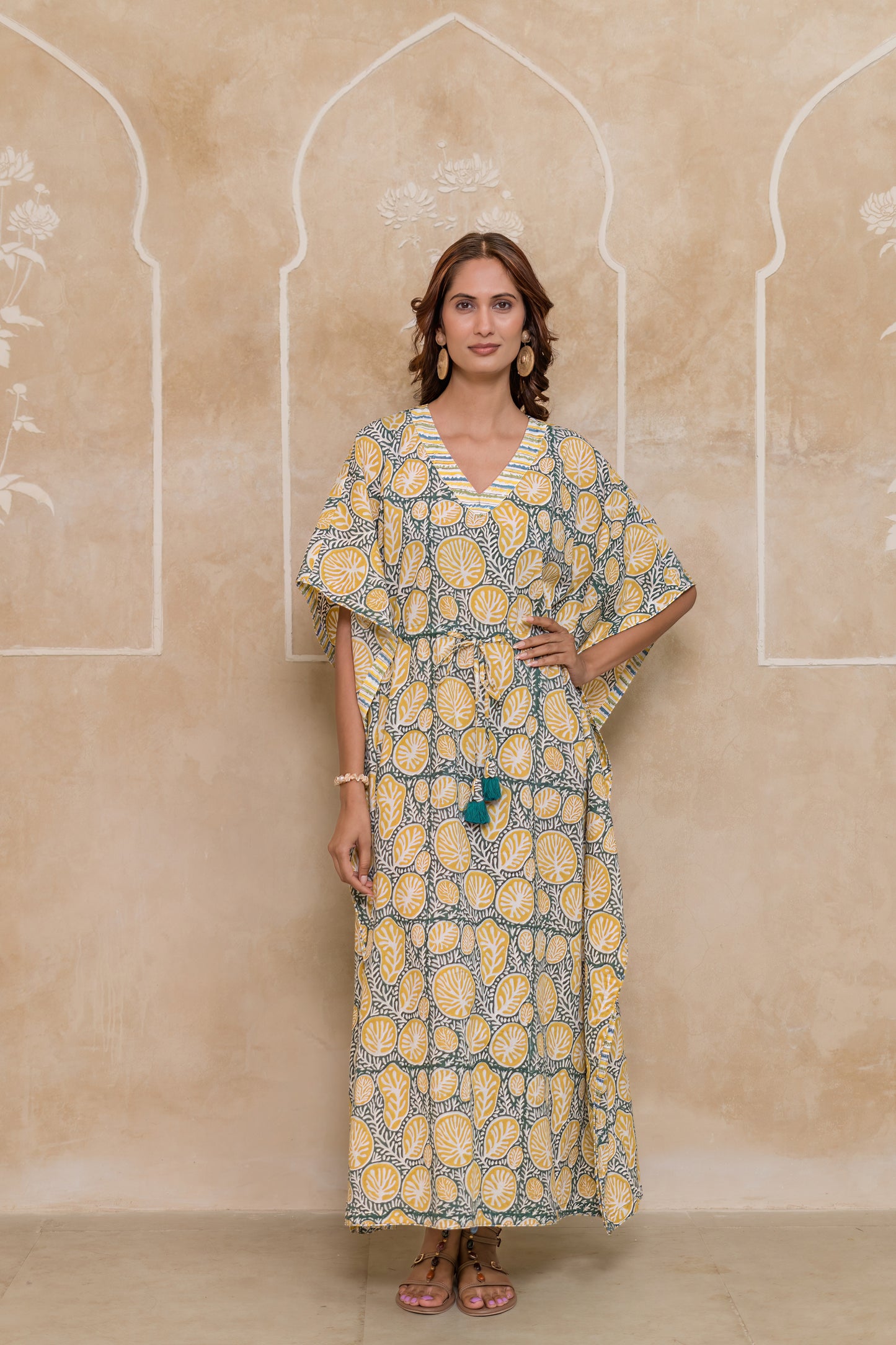 Green Floral Printed Kaftan Dress- NVK553